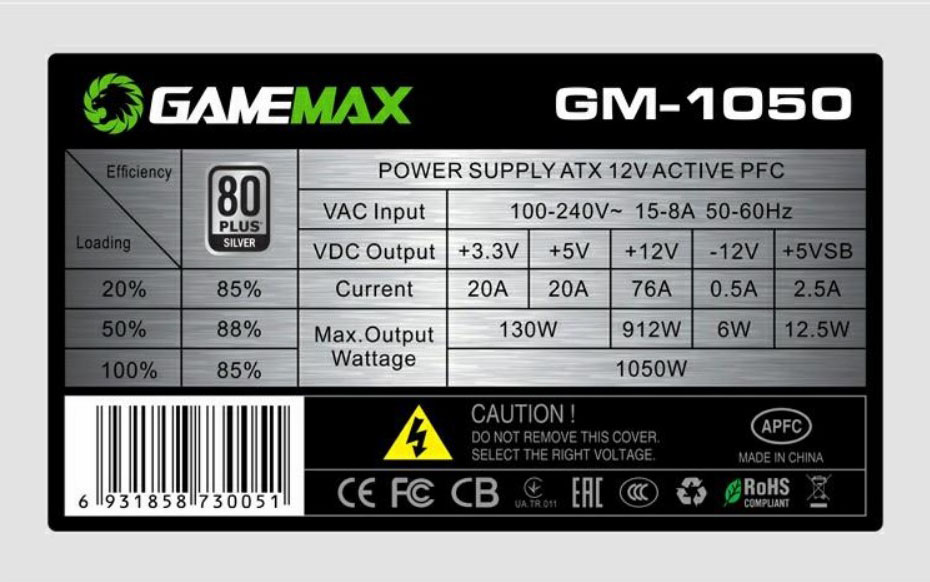 مشخصات پاور کامپیوتر GameMax GM-1050